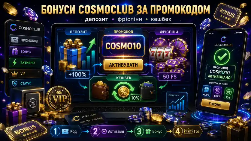 Бонуси за промокодом Cosmoclub — депозит, фріспіни, кешбек
